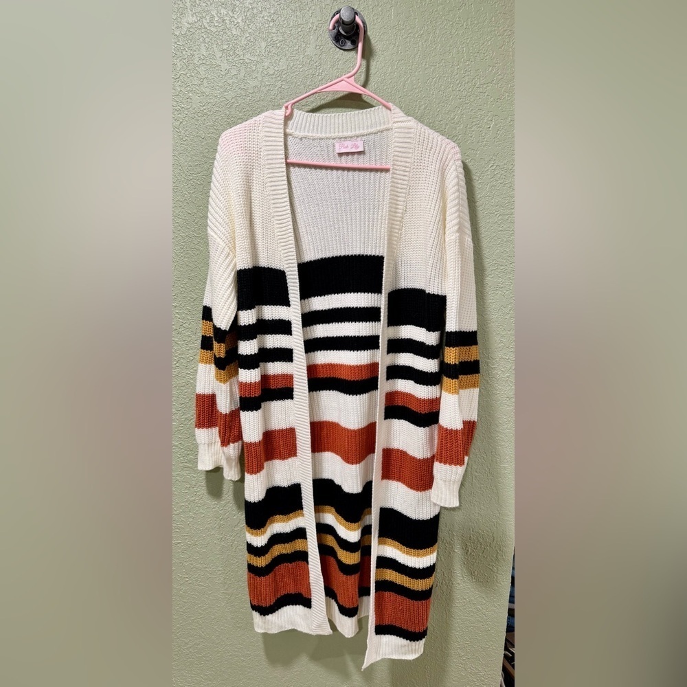 Pink Lily Striped Cardigan Sweater - Black, White, Orange, Gold